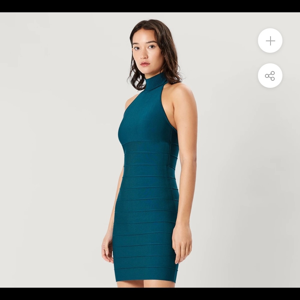 Herve Leger icon halter mini dress. Style 46ICO8332792-304. Color-Slate Teal